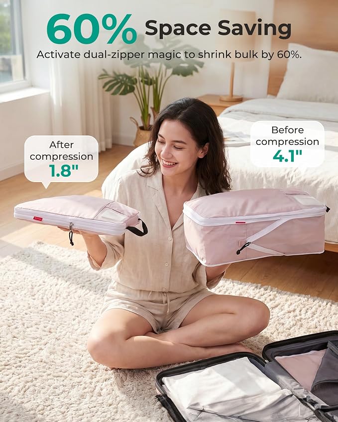 BAGSMART Compression Packing Cubes with Fillable Neck Pillow for Clothes | 1 Wearable Neck Pillow & 5 Travel Bags to Avoid Baggage Fees, Durable, Tear Resistant Washable Taslan Fabric with Card Slots - Image 3