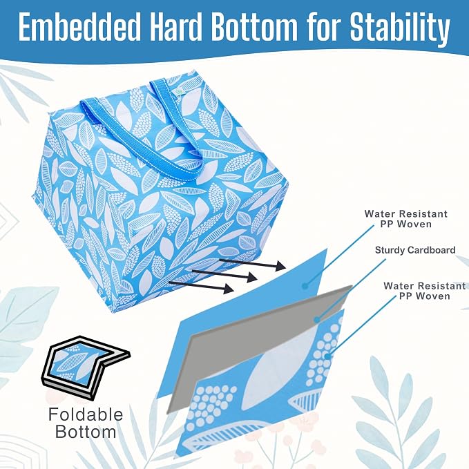 VENO 4 Pack Large Grocery Bag Reusable Shopping Bags with Hard Bottom | Utility Tote with Reinforced Handles, Heavy Duty, Foldable, Stand Upright, for Groceries Shopping Cart(Spring Breeze, 4 Pack) - Image 4