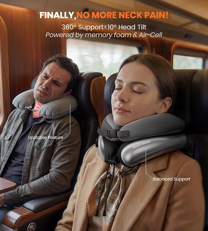 Neck Pillow for Traveling, Travel Pillows for Airplanes, Adjustable Neck Pillow Airplane Travel Essentials - 2 Layer Patented | Inflatable Air Loop & Memory Foam for 360° Ergonomic Support - Image 5