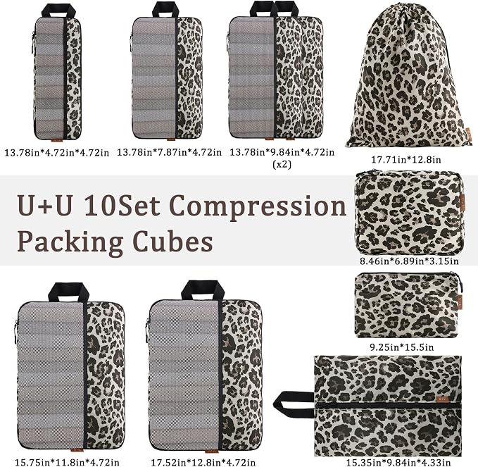 U+U 10 Set Compression Packing Cubes, Travel Organizers (Leopard) | Space-Saving & Complete Travel Set - Image 6