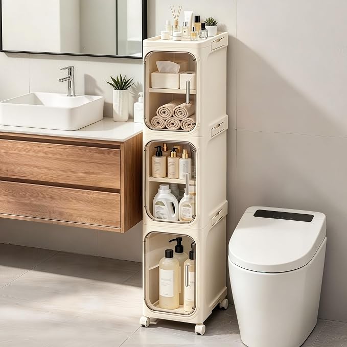 3-Tier Slim Narrow Bathroom Storage Cabinet, Cream White | Tool Free Assembly, Adjustable Shelves, Fits for Narrow Spaces, Reinforced Stability, Magnetic Clear Door by Lifelongpal