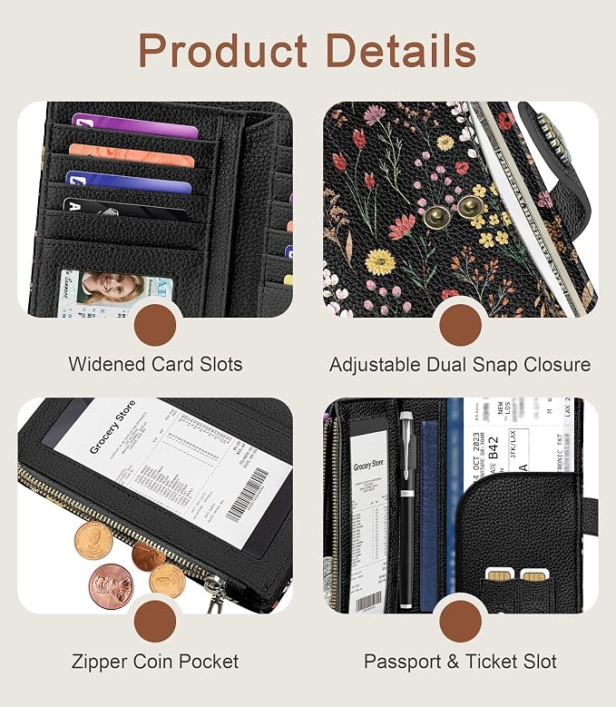 WildFlower Wallet Women RFID, Passport Holder, Credit Card Holder | 6.7" x 4.4" x 1.3" Bifold, Travel billfold, Zipper Pocket, PU Leather, Clutch, Purse, ID Window, Pen Holder, Gift Ladies Girl - Image 6