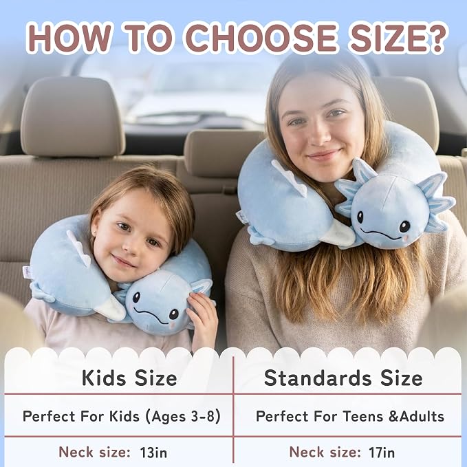 Memory Foam Travel Neck Pillow for Teens and Adults, Blue Axolotl Design | Removable cover, machine washable, 360-degree head & chin support, 17 in neck size for teens and adults, car & airplane use - Image 2