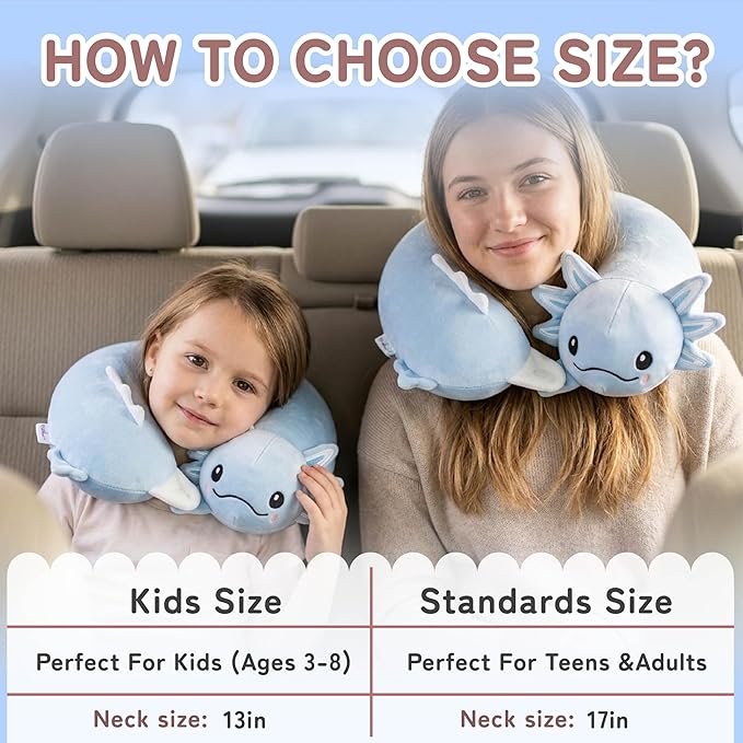 Kids Travel Neck Pillow for Ages 3-8 with Memory Foam, Blue Axolotl | Removable cover, 13 in neck size, machine washable, hidden zipper, head and chin support, car seat and airplane use - Image 2