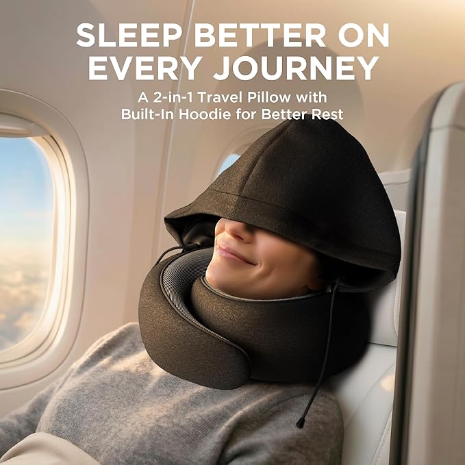 Dot&Dot Travel Pillow Neck Pillow with Hood for Airplane Sleeping, Memory Foam Pillow with Chin Support, Detachable Hoodie, Washable Cover, Adjustable Velcro Fit for Flights, Car & Office - Image 2