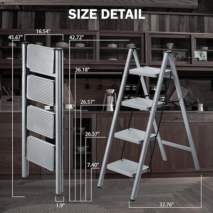 4 Step Ladder, Steel Folding Step Stool with 330lbs Heavy Duty | Anti-Slip Wide Pedals | 1.9" Slim Fold | Ideal for High Ceiling, Garage Storage, Window Cleaning & Hanging Curtains - Image 7