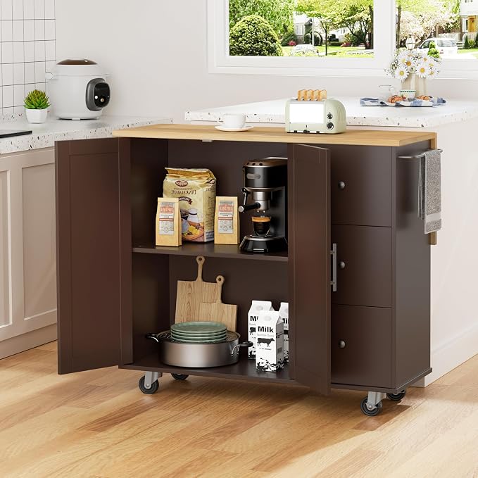 Shintenchi Kitchen Island with Folding Drop Leaf, Rolling Island Table with Storage, Kitchen Cabinet on Wheels with Seating Area for Kitchen, Bar Cart with Cabinet, Brown - Image 7