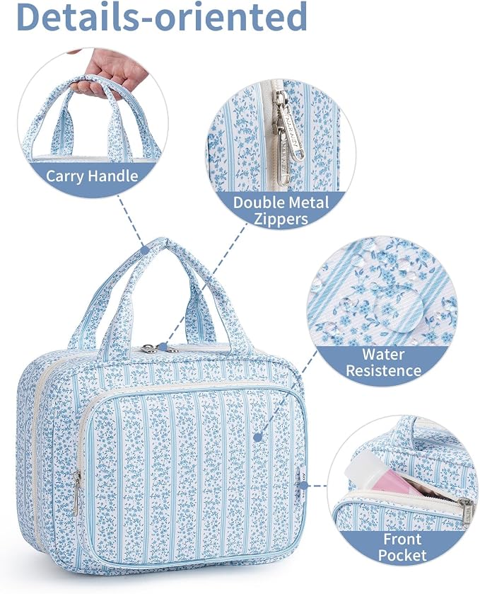 Narwey Hanging Toiletry Bag for Women Travel Makeup Bag Organizer Toiletries Bag for Travel Size Essentials Accessories Cosmetics (Blue Flower Buds (Medium)) - Image 6