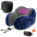Travel Neck Pillow for Airplane, 100% Memory Foam (Blue) | 4-in-1 Set with 3D Eye Mask, Earplugs, Carry Bag, Washable Cotton Cover & Snap Buttons, Neck Pillow for Plane, Car & Train by Point2Points