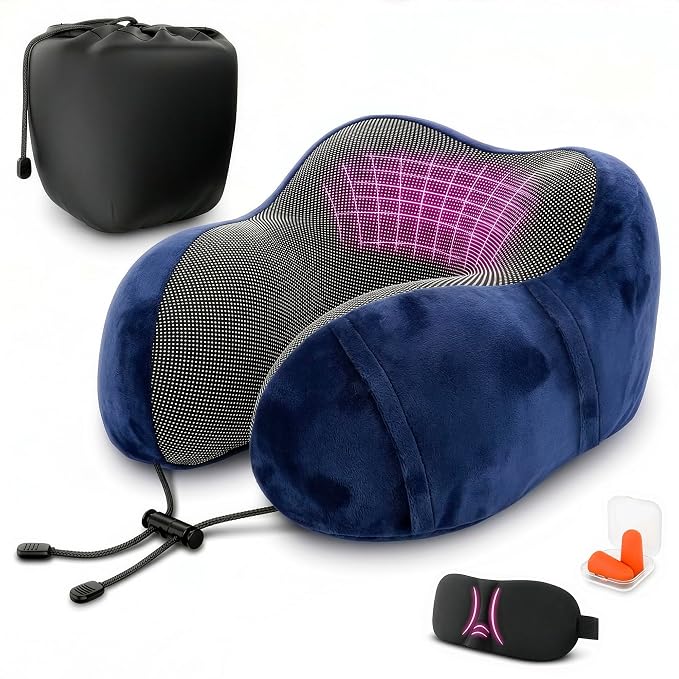 Travel Neck Pillow for Airplane, 100% Memory Foam (Blue) | 4-in-1 Set with 3D Eye Mask, Earplugs, Carry Bag, Washable Cotton Cover & Snap Buttons, Neck Pillow for Plane, Car & Train by Point2Points