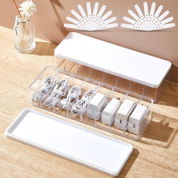 Tatuo 2 Pcs Cord Organizer for Drawer Desktop, Cable Organizer Box with 8 Compartments and Wire Ties, Plastic Charger Storage with Lid, Electronics Case for Home Office Accessories (Small,Clear,White) by Tatuo