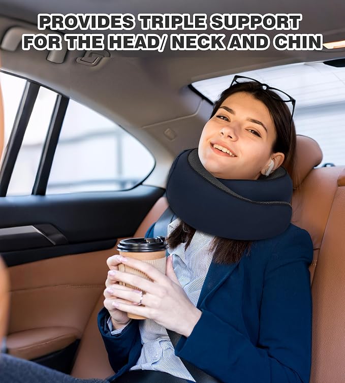 Travel Neck Pillow, Newly Upgraded Hooded Neck Pillow , 100% Pure Memory Foam Travel Pillow for Flight Headrest Sleep,Portable Aircraft Accessory,Suitable for use in Plane/Car/Office(Dark blue) - Image 7