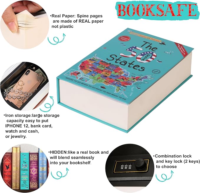 50 States Atlas Book Safe with Real Pages, Student Secret Compartment Items Storage Box with 3-Digit Combo Lock, Decorative Hidden Stash Box, Family Allowance Coin Bank, 9.3"x6.0"x2.3" - Image 4