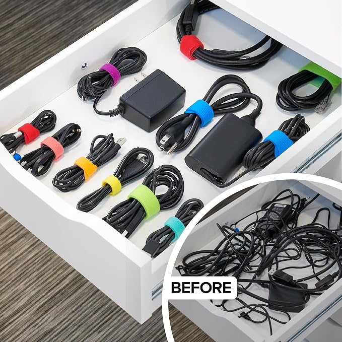 Self-Gripping Cable Ties by Wrap-It Storage - Assorted 40-Pack Multicolor | Reusable Hook and Loop Cord Keeper, Cable Wrappers for Cord Management and Home Office Desk Organization - Image 2