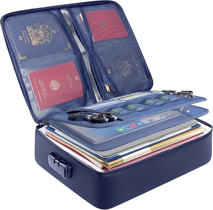 BALEINE Fireproof Document Box with Lock, Portable Fireproof Document Bag Waterproof Fire Proof File Boxes for Documents, File Organizer Box for Important Paperwork (Blue, 15''x11''x4'') by BALEINE