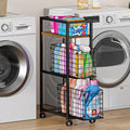 Hongtamoya 3 Tier Laundry Room Cart with Pull-Out Baskets, Utility Slim Storage Cart with Wheels Small Rolling Cart with Wood Top Metal Narrow Bathroom Laundry Room Organization Trolley, Black by Hongtamoya