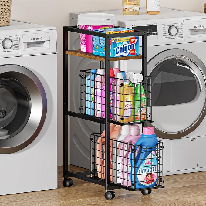 Hongtamoya 3 Tier Laundry Room Cart with Pull-Out Baskets, Utility Slim Storage Cart with Wheels Small Rolling Cart with Wood Top Metal Narrow Bathroom Laundry Room Organization Trolley, Black by Hongtamoya