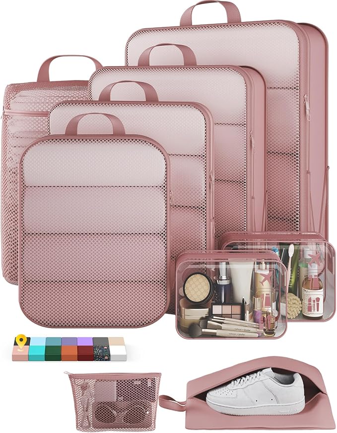 Veken 9/11 Set Compression Packing Cubes Garment Bags for Travel Essentials,Compressible Expandable Luggage Organizer Bags for Clothing,Space Saver Bags with Over 1000 pcs of Mesh Holes(Light Coral) by Veken