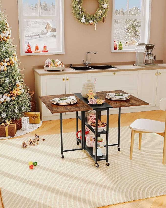 Folding Dining Table, Movable Dining Table, Expandable Kitchen Table, Versatile Table with 6 Wheels and 2-Tier Shelf, for Dining, Living Room, Apartment, Rustic Brown TCZ01BF - Image 2