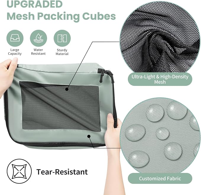 Mesh Packing Cubes for Travel, Durable Luggage Organizer with Sturdy Material and Double Zippers, Comprehensive Set for Travel Accessories Storage, 10 set, green - Image 3
