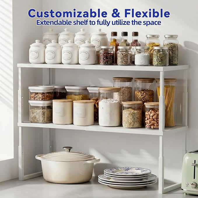 2 Packs Expandable Cabinet Shelf Organizer, Stackable Countertop Shelves | 15.8''- 25.5'' In Cabinet Shelf, Adjustable Kitchen Cabinet Organizer for Pantry Organizer, CupBoard Organizers and Storage - Image 3