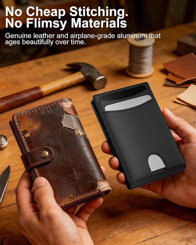 Wallet for Men: Pop Up Card Case, RFID Blocking, Slim, Minimalist, Genuine Leather, Front Pocket, Smart, Thin, Compact, Magnetic Flap Closure - 2 ID Windows, Up to 12 Cards & 15 Bills (Black) - Image 6