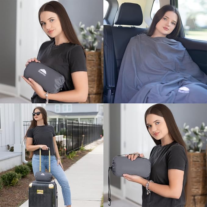BlueHills Ultra Compact Travel Blanket Pillow Airplane Long Flights - Gray | Portable Bag Case, 70 X 56 Large Size, Luggage Strap & Carabiner, Traveling Essential, Compact & Lightweight, Travel Gifts - Image 3