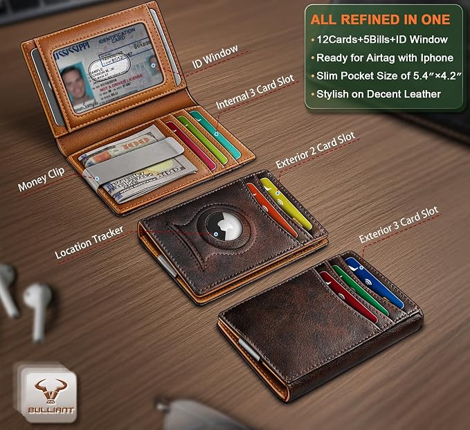 BULLIANT Magnetic Slim Leather Airtag Wallet Money Clip For Men 12Cards | RFID Blocking | Easy Access | Gift Boxed | Pocket Fit - Image 2