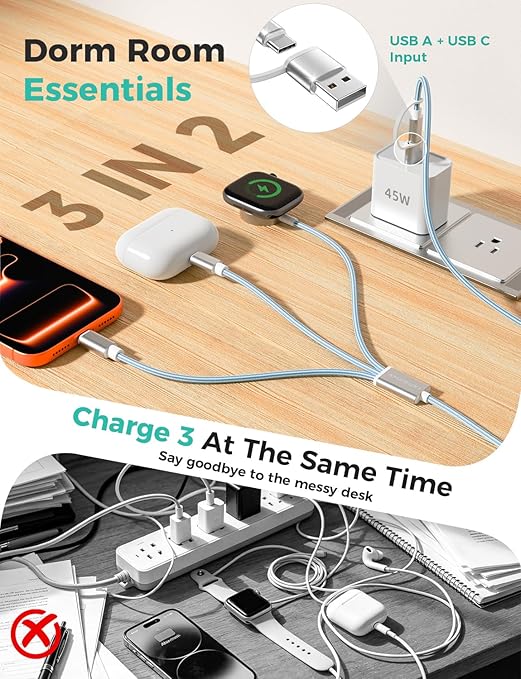 2Pack Travel Essentials,3 in 2 USB C Cable for Apple Watch Charger,iPhone Charger,Multi Charging Cable,Cruise Vacation Camping,Portable for iWatch Series 11-2/Ultra/SE & iPhone 17-12,Car,Blue - Image 2