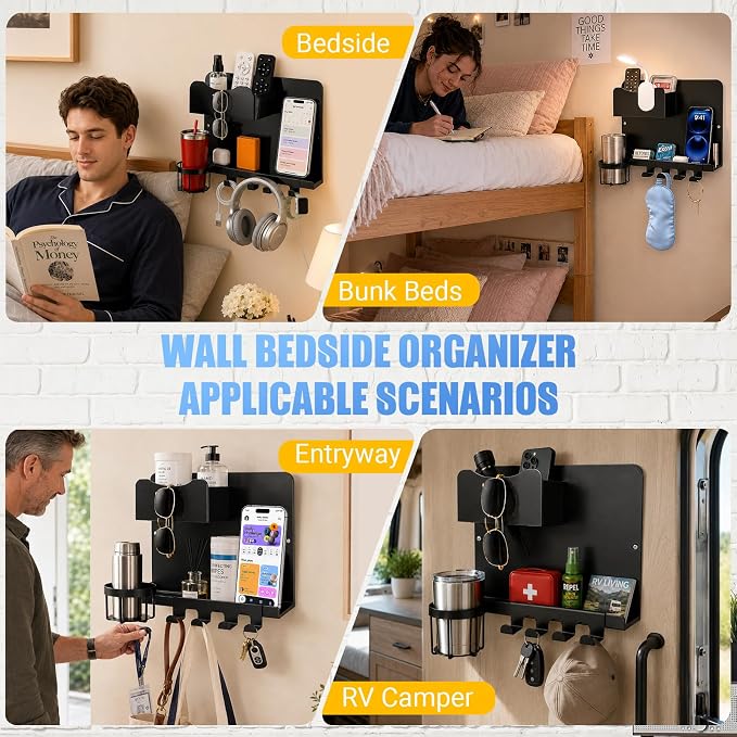 Metal Bedside Wall Shelf, No Drill Floating Bedside Shelf Wall Organizer | Bedside Wall Shelf with Detachable Cup Holder for Bedroom, Dorm, Nightstand Alternative, Bunk Bed Accessories & RV Storage - Image 6