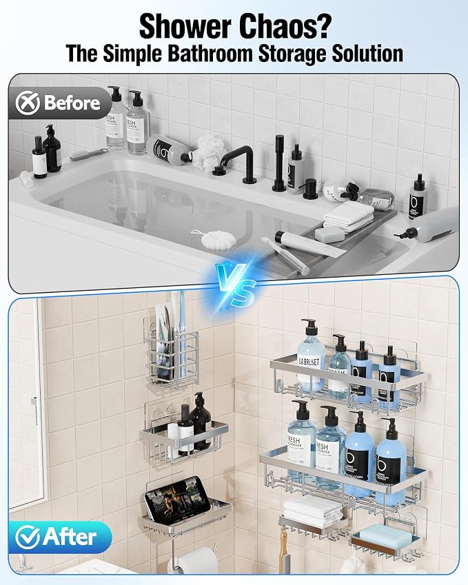 Shower Caddy 7 Pack, Adhesive Bathroom Shower Organizer for Bathroom Storage, No Drilling Large Capacity Rustproof Stainless Steel Shower Shelves Rack for Bath, Silver - Image 2