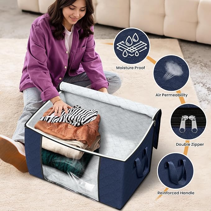 90L Clothes Storage, Foldable Thick Fabric Blanket Storage Bags | Foldable Containers with Zippers,Window and Handles for Organizing Bedroom, Closet, Comforter, Bedding,Dorm essentials - Image 4