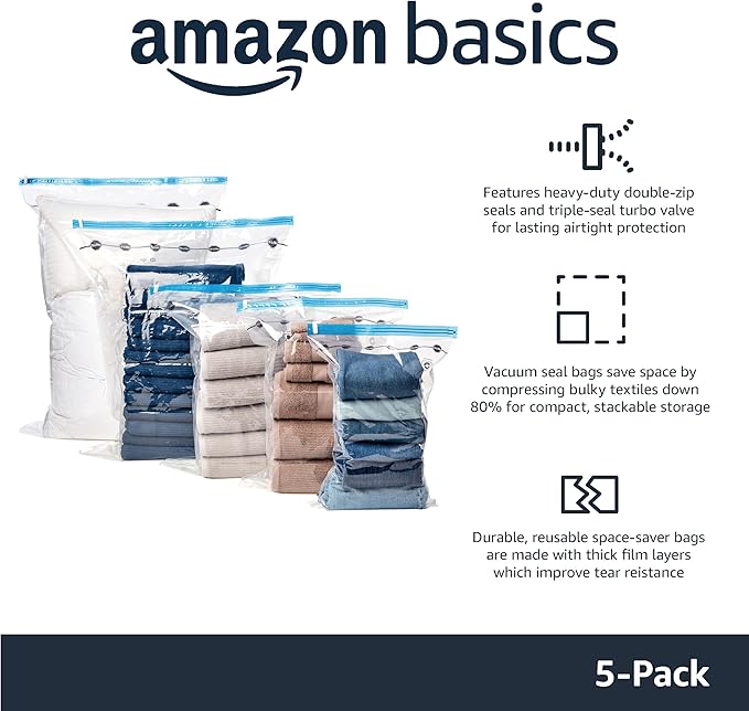 Amazon Basics Vacuum Storage Bags, Compression Space Saving for Clothes and Linens, Reusable with Hand Pump, Large, Clear, 5-Pack - Image 2