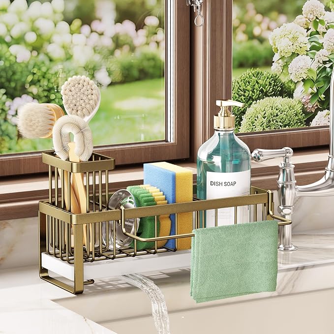 SWTYMIKI Sponge Holder for Kitchen Sink - Sink Caddy with Brush Holder Self-draining Sponge Caddy Organizer with Divider Stainless Steel Kitchen Accessories Storage for Countertop, Dark Gold - Image 9
