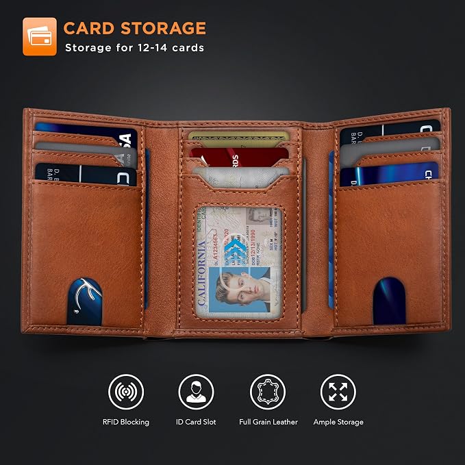 SERMAN BRANDS Trifold Wallet for Men - RFID Blocking Full Grain Leather, 11 Card Slots & ID Window, Slim Everyday Carry, Durable Stitching, Gift for Him - Image 4