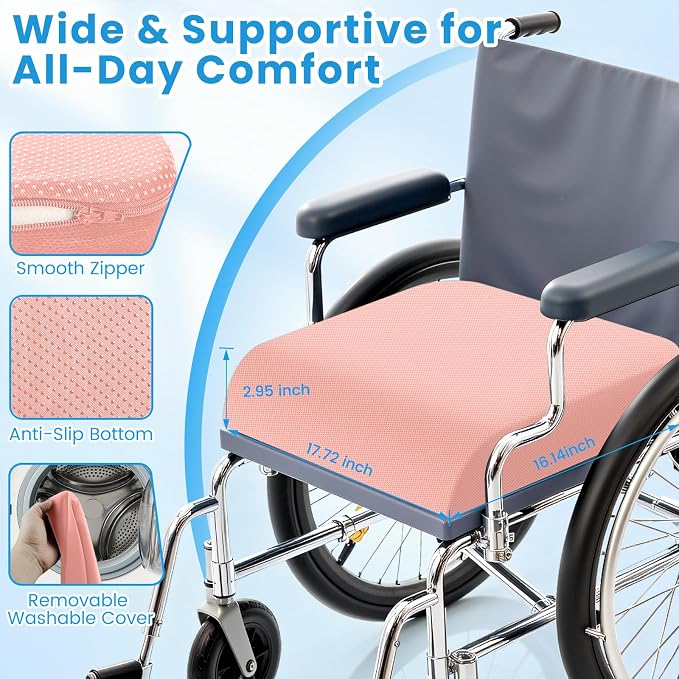 Wheelchair Seat Cushion for Pressure Relief, Cooling Gel Memory Foam Chair Cushion with Slope-Edge Design, Coccyx Support for Tailbone Pain, Non-Slip, for Wheelchairs, Office Chairs & Car Seats, Pink - Image 7