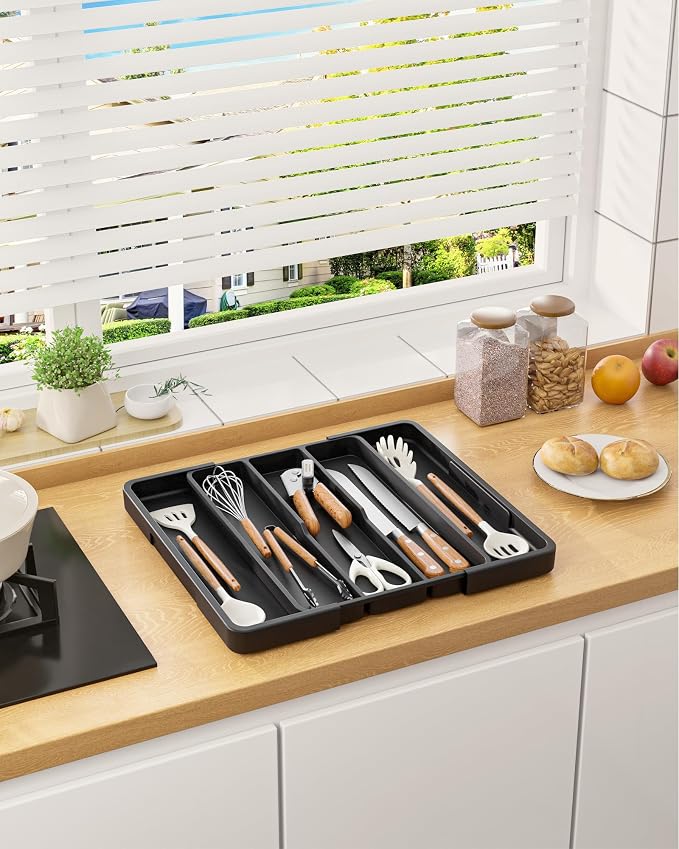 Aujen Silverware Drawer Organizer, Adjustable Utensil Cutlery Tray | Expandable Kitchen Organizer for Forks Knives, Multipurpose Kitchen Storage, Apartment Essentials, Black, X-Large - Image 7