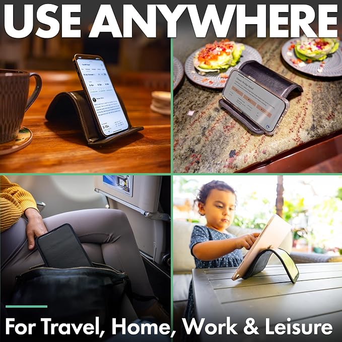 Airplane Phone Holder - Foldable Phone Stand for Plane Travel | Vegan Leather, Tabletop Mount Desk, Plane Tray Seat back, Treadmill, Fits iPhone Cell Phone, 9 x 4.3 in - Image 6