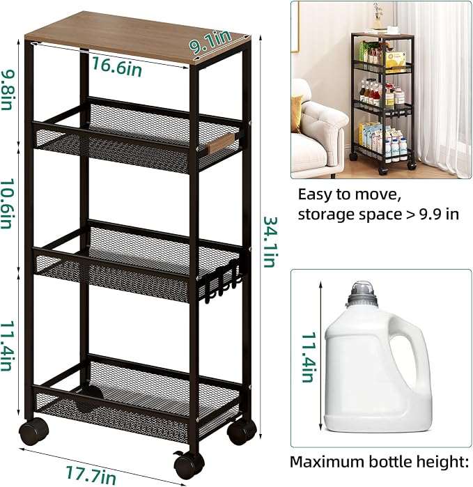 4-Tier Slim Utility Rolling Laundry Cart with Wheels, Easy to Assemble | 9.1" Wide for Narrow Spaces, Wood Top with Metal Frame, Mobile Storage Shelves for Bathroom, Kitchen, Office - Image 2