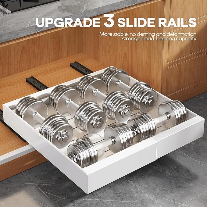 Seinloes 2Pack Expandable Pull Out Cabinet Organizer 21"Deep With Raising Pad for Framed Cabinets, Upgrade 3 Slide Rails Slide Out Drawers, Roll Out Shelves Adhesive,Adjustable Width 12.05"-20.4"White - Image 5