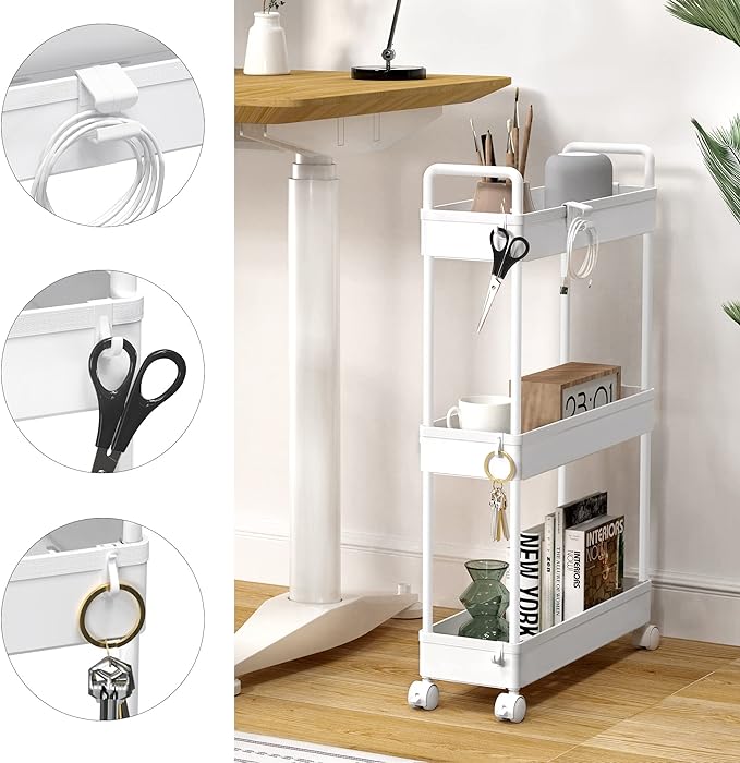 SOLEJAZZ Slim Rolling Storage Cart Skinny Bathroom Organizer, 3 Tier, White | Thin utility cart with wheels for bathroom, laundry room, bedside, kitchen, dorm, office, next to fridge, small narrow places - Image 3