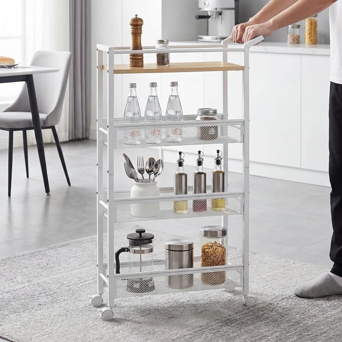 4 Tier Slim Rolling Storage Cart, 5.1 Inch Wide Narrow Storage Cart with Handle, Iron Wood Utility Slide Out Pantry Shelf Organizer for Laundry Room, Bathroom, Kitchen, Small Spaces,White - Image 5