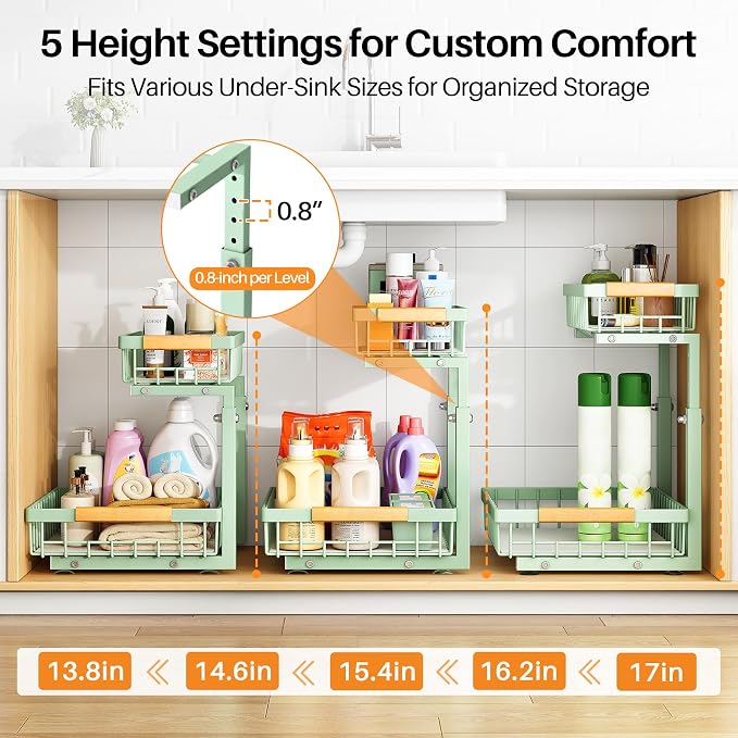 PXRACK Under Sink Organizer, Adjustable Height, 2 Tier Pull Out Under Cabinet Organizer, Slide Out Thickened Metal Under Sink Storage for Kitchen Bathroom Laundry Pantry Cabinet, Green, Large-1-Pack - Image 5