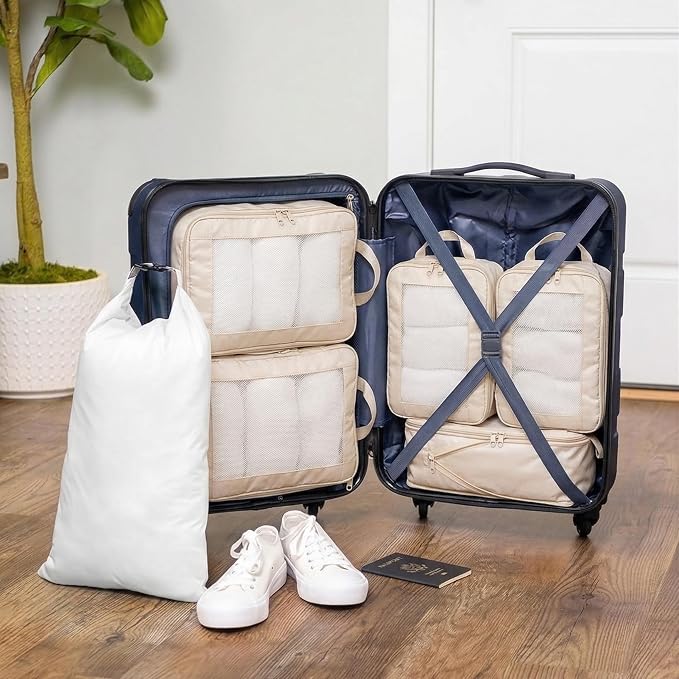 G-FORCE 3PC Compression Mesh Mid-Rectangular Packing Cube Set Stone Color | Space Saver Travel Organizer | Luggage Compression Cubes - Image 2