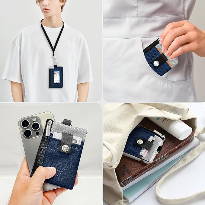Minimalist RFID Blocking Small Wallet with ID Window,WaterResistant Zip Id Case Wallet with Lanyard Keychain for Cards,Cash,Travel,Women,Men (Dark Blue/Light Gray) - Image 9