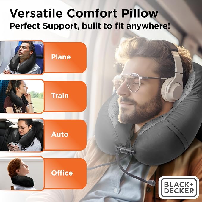 BLACK+DECKER Cooling Gel Memory Foam Neck Pillow – Travel Pillow for Plane, Car & Train – Ergonomic Neck Support, Slow Rebound Memory Foam, Washable Cover, Universal Fit, Black - Image 6