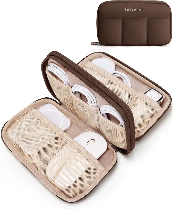 BAGSMART Electronics Organizer for Cords Chargers Phones, Coffee | Puffy Padded, Travel Essentials, Cord organizer bag for Cables, Compact Tech Accessories Pouch by BAGSMART