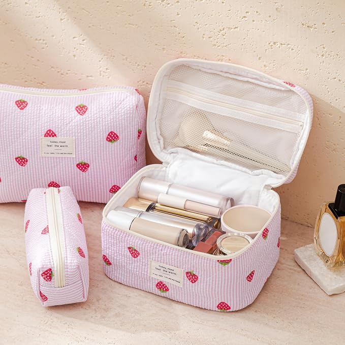 HBselect Quilted Makeup Bag, 3Pcs Cotton Large Travel Makeup Bags Organizer | Cute Floral Make up Bag Cosmetic Bag Toiletry Bag for Women Girls, Makeup Pouch for Skincare, Brushes & Travel Essentials - Image 2