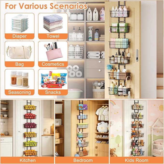 Hongtamoya Over The Door Organizer, Adjustable Hanging Door Organizer with 6 Wire Baskets 5 Hooks, Metal Behind The Door Storage for Pantry Closet Bedroom Bathroom Cabinet Kitchen Laundry Room, Black - Image 7