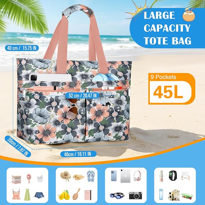 HUANLANG Large Beach Bags for Women Pool Bag with Zipper, Waterproof Sandproof Beach Tote Travel Bag with Wet Pocket - Image 4